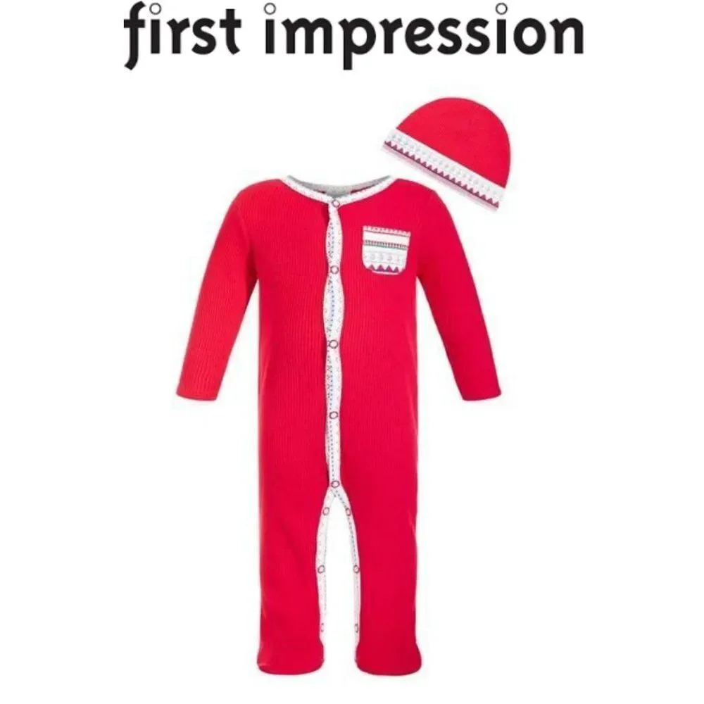 First Impressions Holiday Christmas Jumpsuit Romper Coverall Hat Set 0-3…